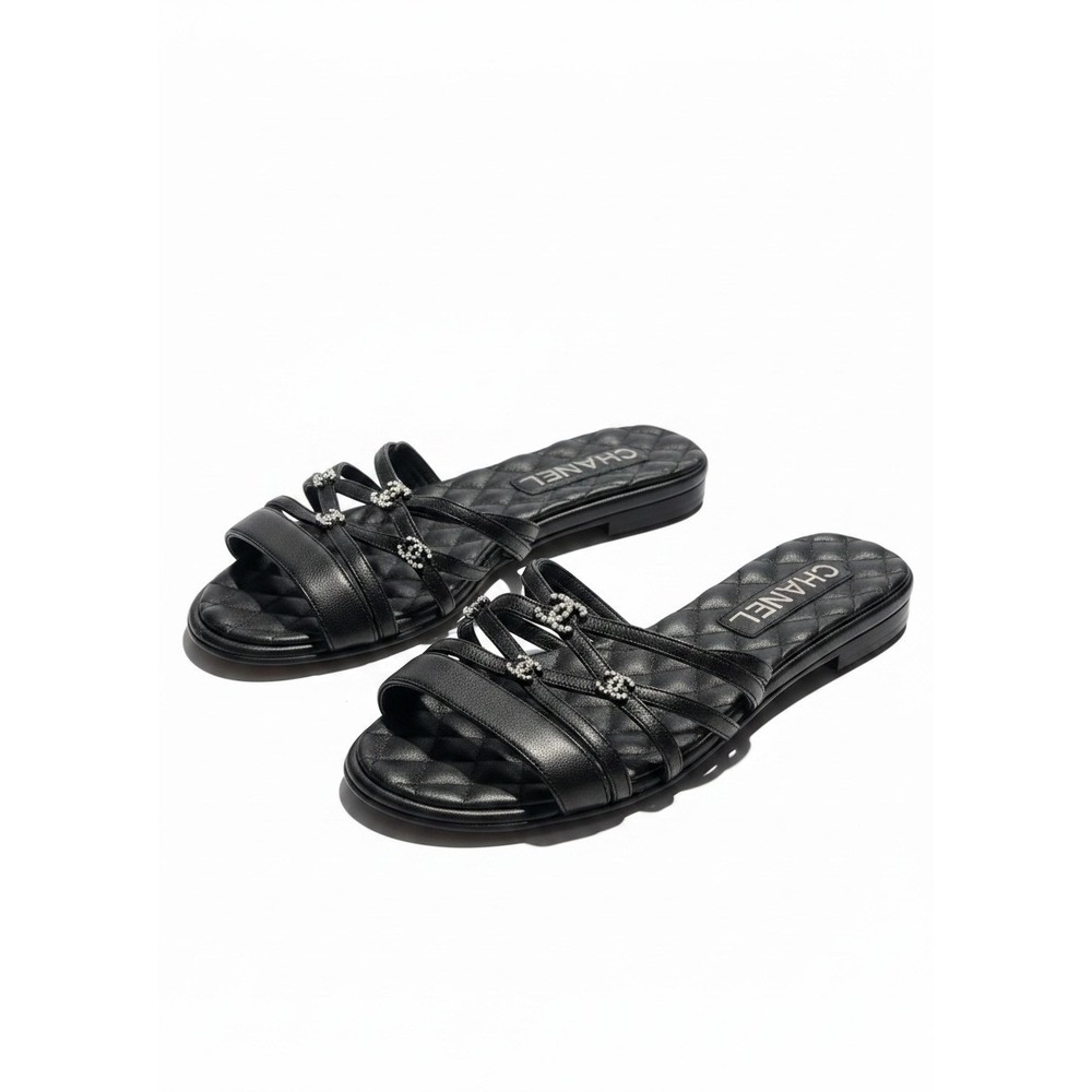 Chanel 2019 Quilted CC Pearl Leather Slide Sandals Black 36.5